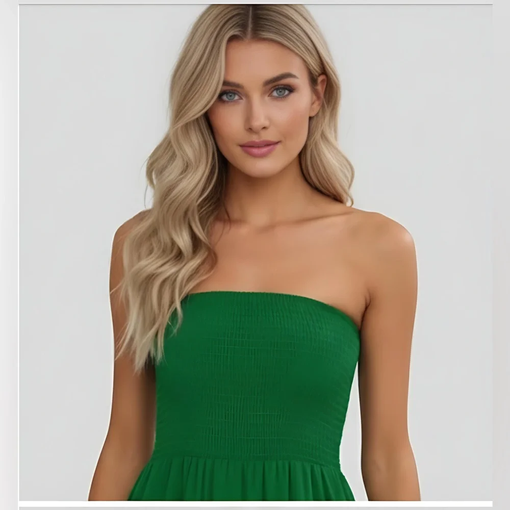 LAST ONE 🔥 Floral Print Strapless Shirred A-Line Dress Green - Picture 2 of 8